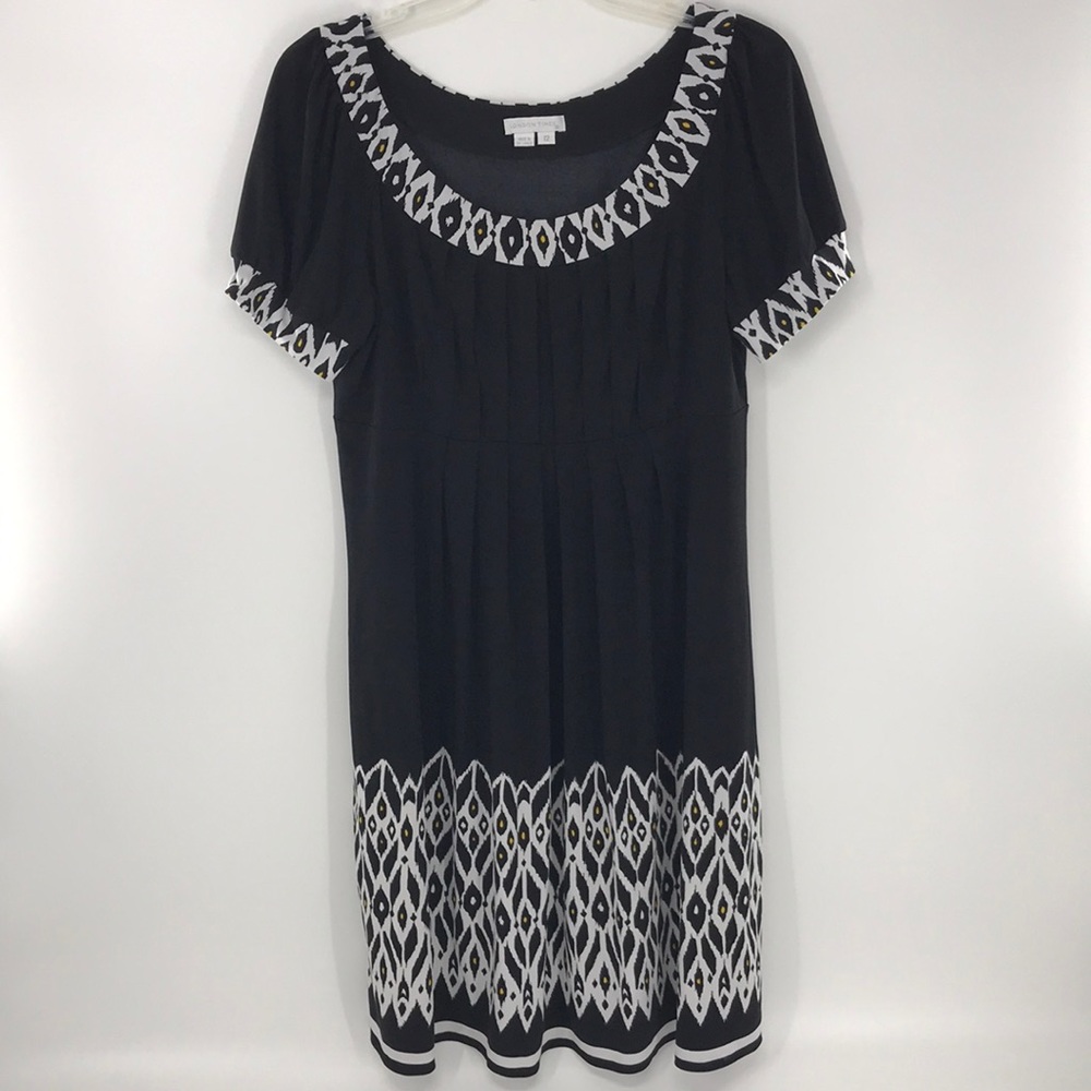 London Times Black Midi Dress Size 12 Geometric Round Print Pleated Design Boho